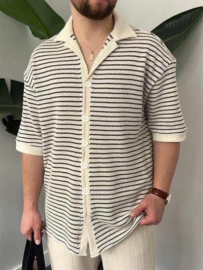 Siyah Çizgili Gömlek Görünümlü Oversize T-shirt