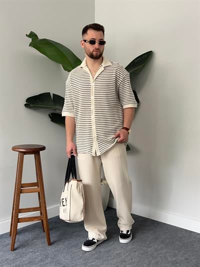 Siyah Çizgili Gömlek Görünümlü Oversize T-shirt