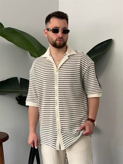 Siyah Çizgili Gömlek Görünümlü Oversize T-shirt