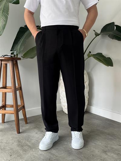 Siyah Deluxe Pileli Modal Kumaş Baggy Pantolon