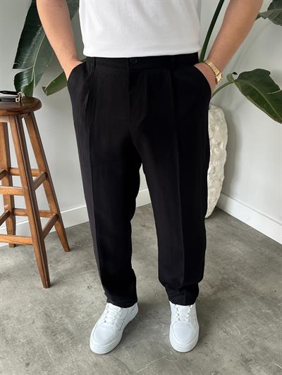 Siyah Deluxe Pileli Modal Kumaş Baggy Pantolon