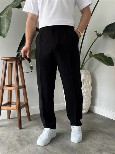 Siyah Deluxe Pileli Modal Kumaş Baggy Pantolon