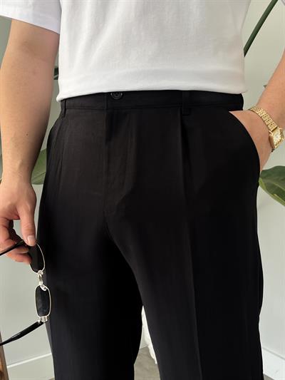 Siyah Deluxe Pileli Modal Kumaş Baggy Pantolon