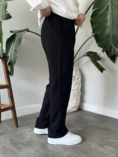 Siyah Desenli Keten Baggy Pantolon