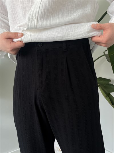 Siyah Desenli Keten Baggy Pantolon