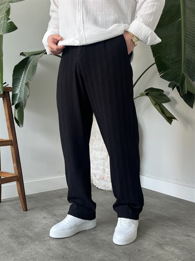 Siyah Desenli Keten Baggy Pantolon