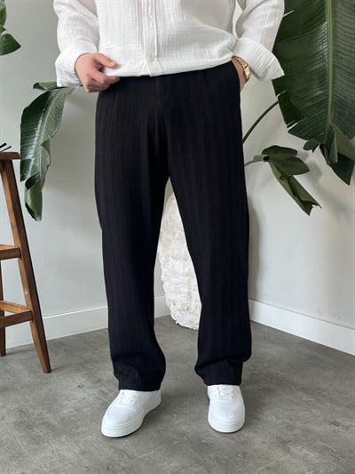 Siyah Desenli Keten Baggy Pantolon