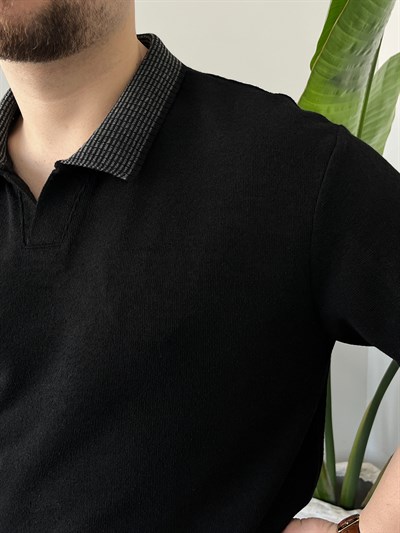 Siyah Desenli Yaka Detaylı Dokulu Triko T-shirt