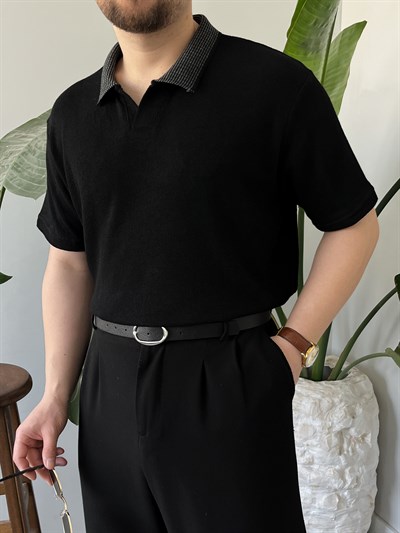 Siyah Desenli Yaka Detaylı Dokulu Triko T-shirt