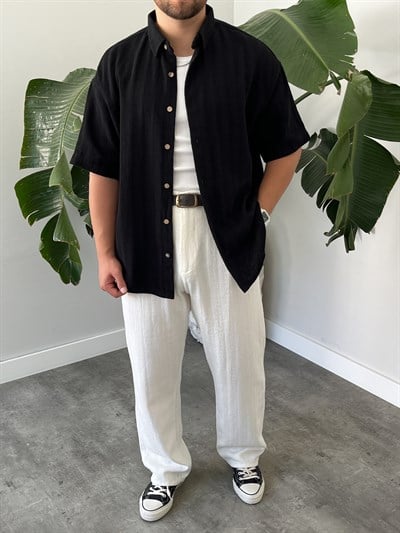 Siyah Dokulu Kısa Kollu Oversize Gömlek