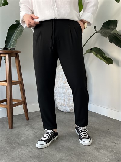 Siyah Duble Paça Kumaş Jogger Pantolon