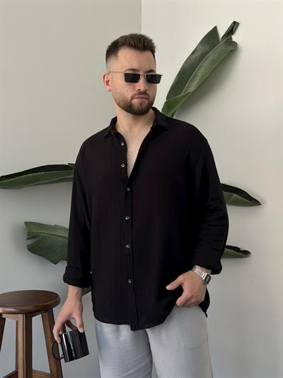 Siyah Etamin Keten Oversize Gömlek