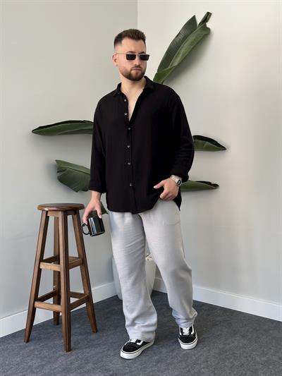 Siyah Etamin Keten Oversize Gömlek