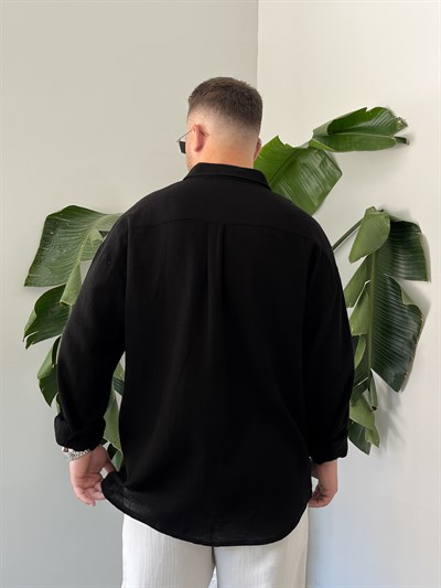 Siyah Etamin Keten Oversize Gömlek