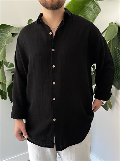 Siyah Etamin Keten Oversize Gömlek