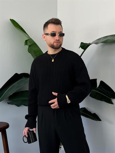 Siyah Extra Dolgulu Oversize Örgü Kazak