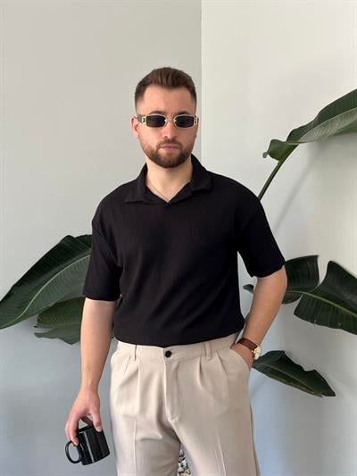 Siyah Fitilli Polo Yaka T-shirt