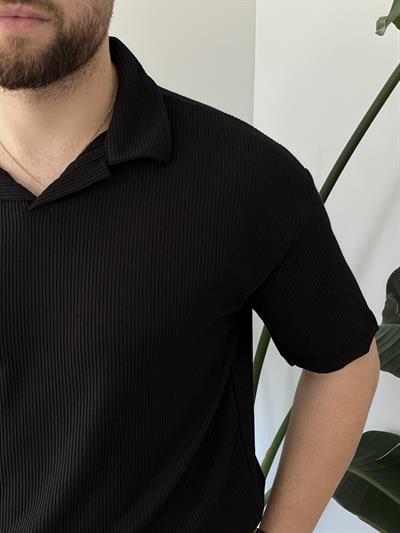 Siyah Fitilli Polo Yaka T-shirt