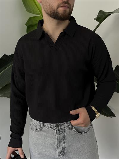 Siyah Fitilli Polo Yaka Triko Sweat