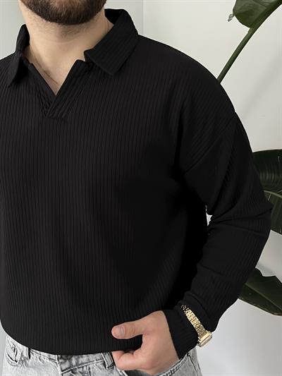 Siyah Fitilli Polo Yaka Triko Sweat