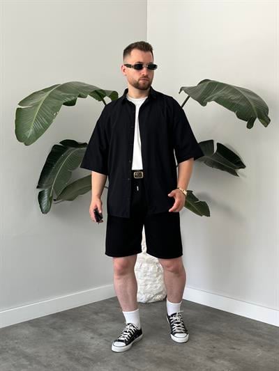 Siyah Fresh Keten Oversize Gömlek