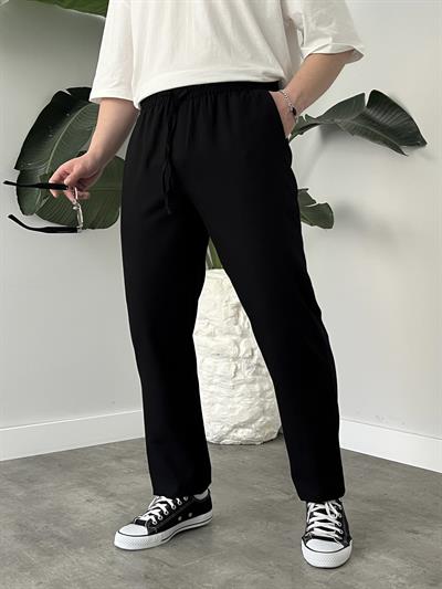 Siyah Gabardin Keten Baggy Pantolon