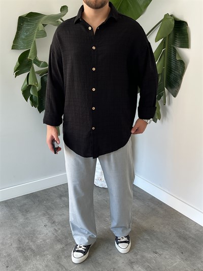 Siyah Gofre Keten Oversize Gömlek