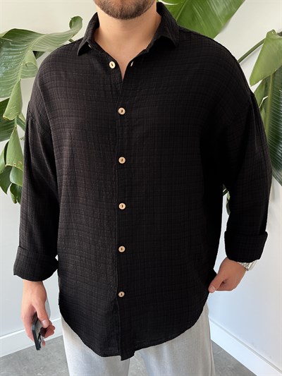 Siyah Gofre Keten Oversize Gömlek