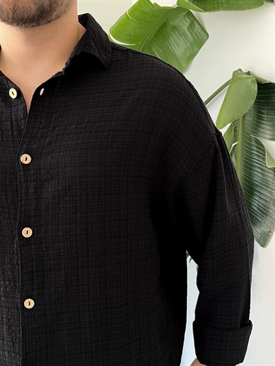 Siyah Gofre Keten Oversize Gömlek