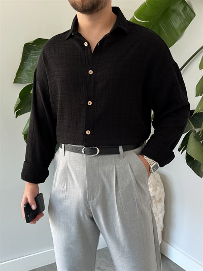 Siyah Gofre Keten Oversize Gömlek
