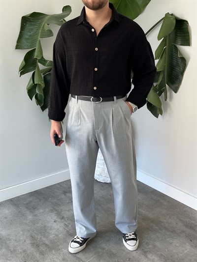 Siyah Gofre Keten Oversize Gömlek