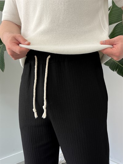 Siyah Halat Bağcık Detay Desenli Baggy Pantolon
