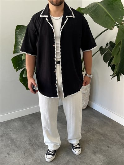 Siyah Kontrast Dikiş Keten Oversize Gömlek