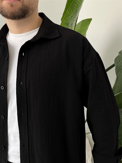 Siyah Krinkıl Keten Oversize Takım