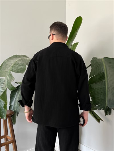 Siyah Krinkıl Keten Oversize Takım