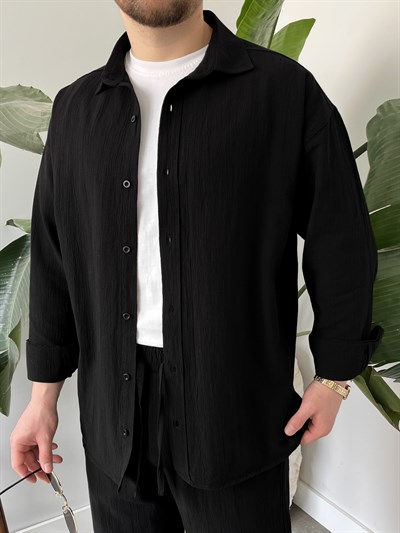Siyah Krinkıl Keten Oversize Takım
