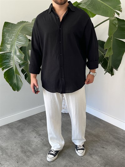 Siyah Krinkıl Oversize Gömlek