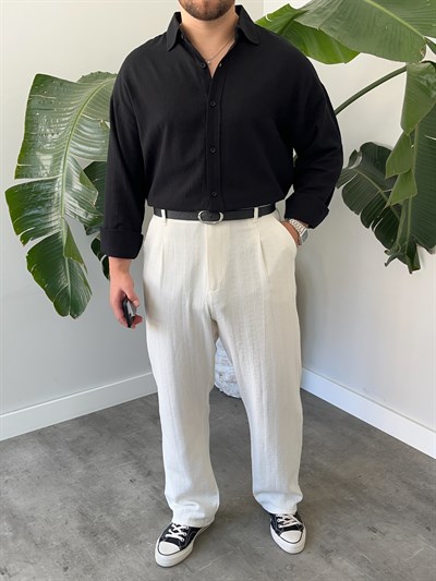 Siyah Krinkıl Oversize Gömlek