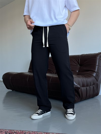 Siyah Lizalı Pamuk Keten Baggy Pantolon