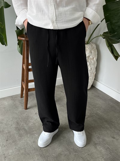 Siyah Premium Müslin Dokulu Baggy Pantolon