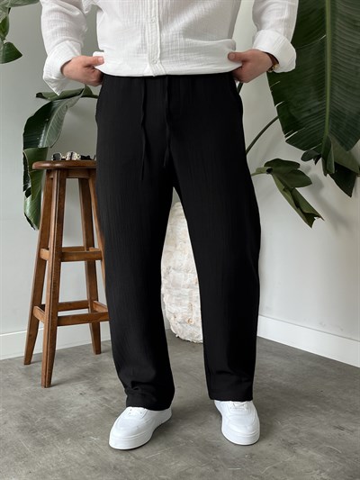Siyah Premium Müslin Dokulu Baggy Pantolon