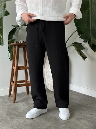 Siyah Premium Müslin Dokulu Baggy Pantolon