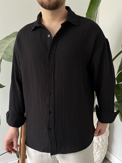 Siyah Premium Müslin Dokulu Oversize Gömlek