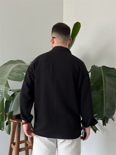 Siyah Premium Müslin Dokulu Oversize Gömlek