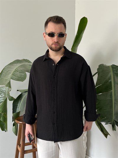 Siyah Premium Müslin Dokulu Oversize Gömlek