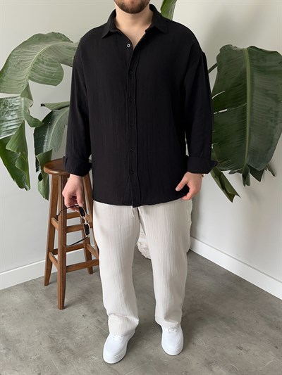 Siyah Premium Müslin Dokulu Oversize Gömlek