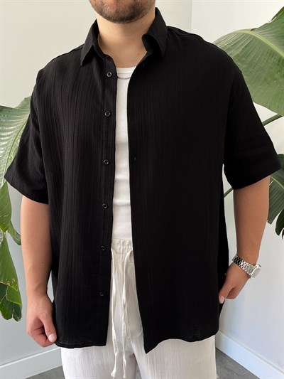 Siyah Müslin Kısa Kollu Oversize Gömlek