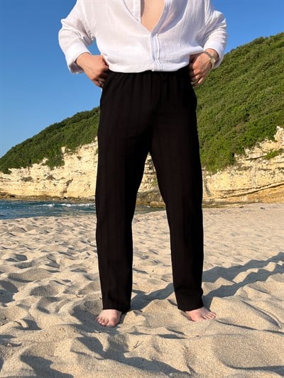 Siyah Örgü Desen Keten Baggy Pantolon