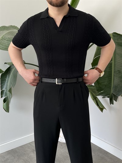Siyah Örgü Desen Triko T-shirt
