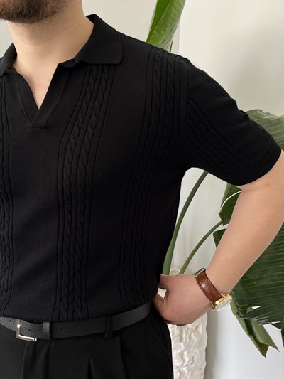 Siyah Örgü Desen Triko T-shirt